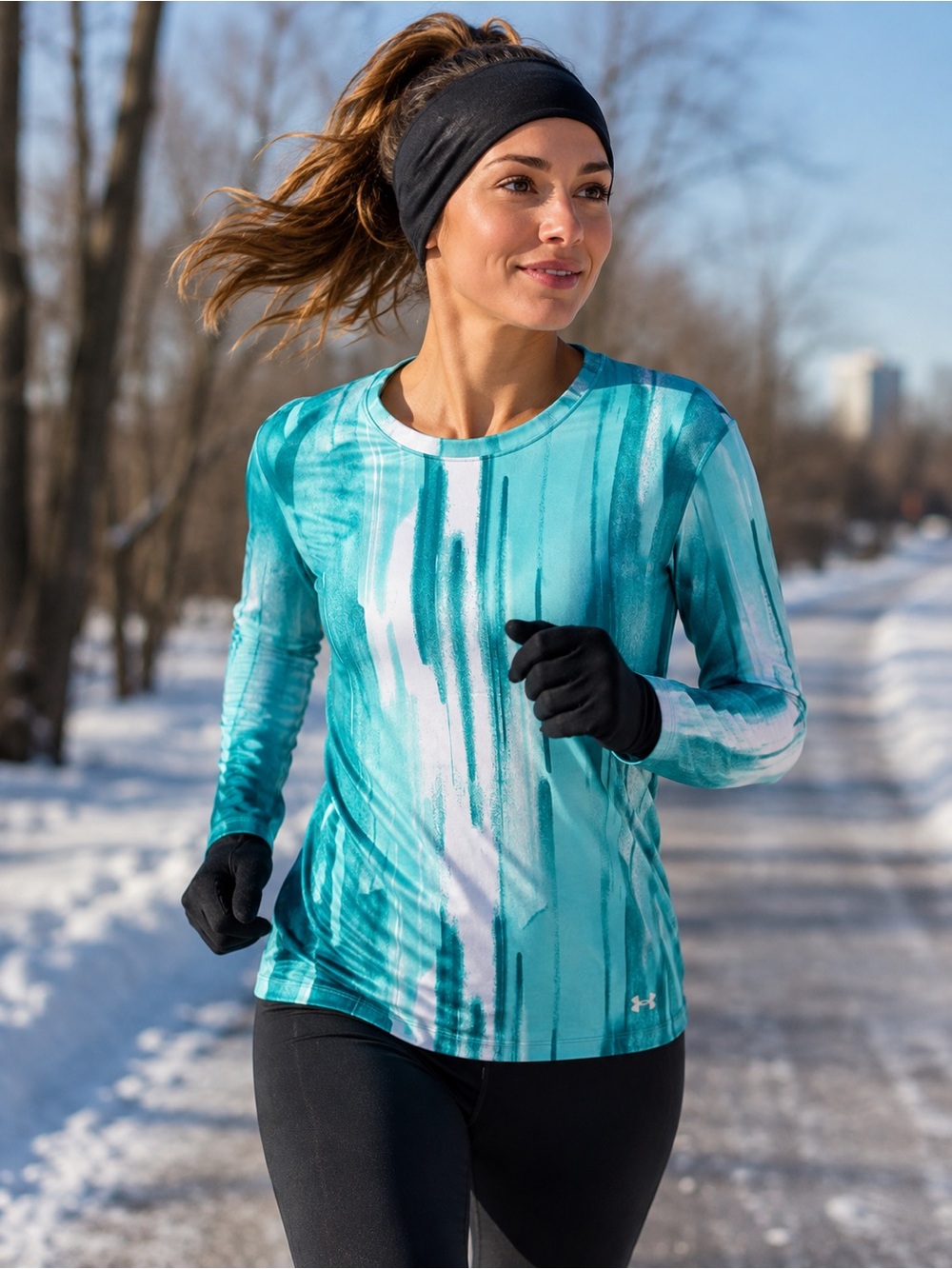 Under Armour ColdGear Fitted Long Sleeve Running Top Teal Print Size L